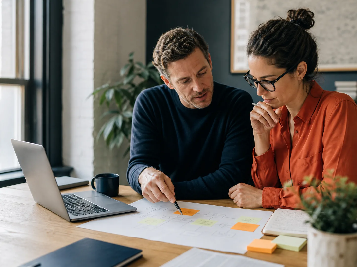 Business owners reviewing an operating process together