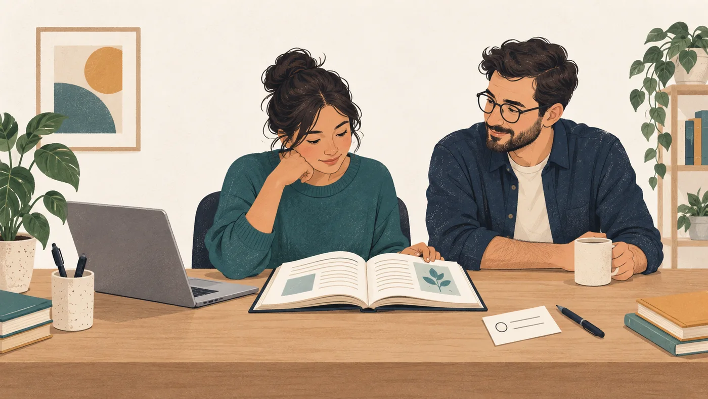 A new employee reviews a handbook beside a laptop and an unfinished task card, with a colleague available to help.