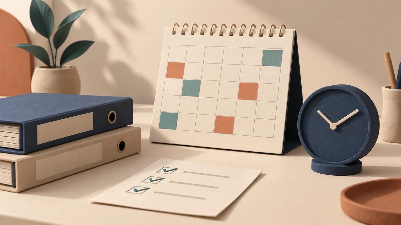 A desk calendar beside project folders, a clock and a checklist, showing the work and waiting involved in an implementation.