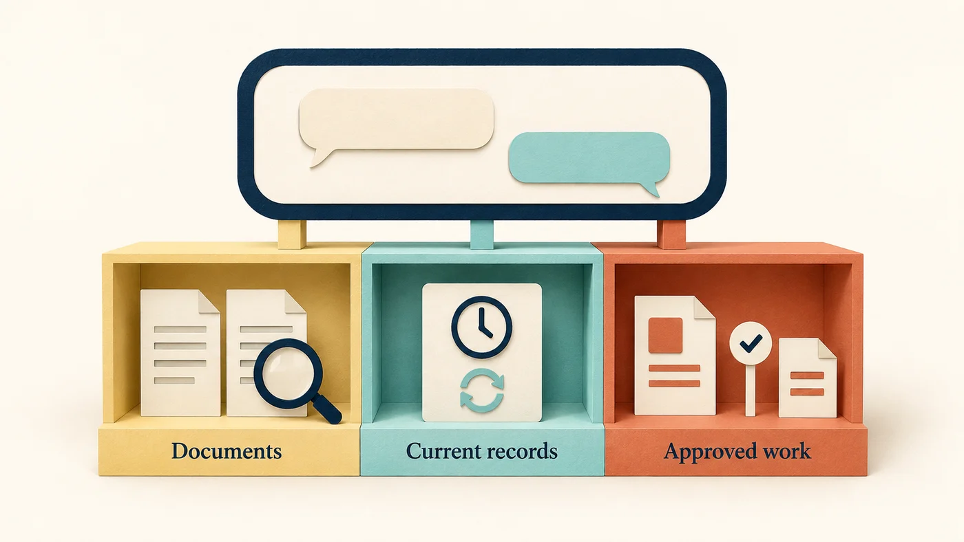 One chat window sits above three different arrangements for documents, current records and an approval-controlled workflow.