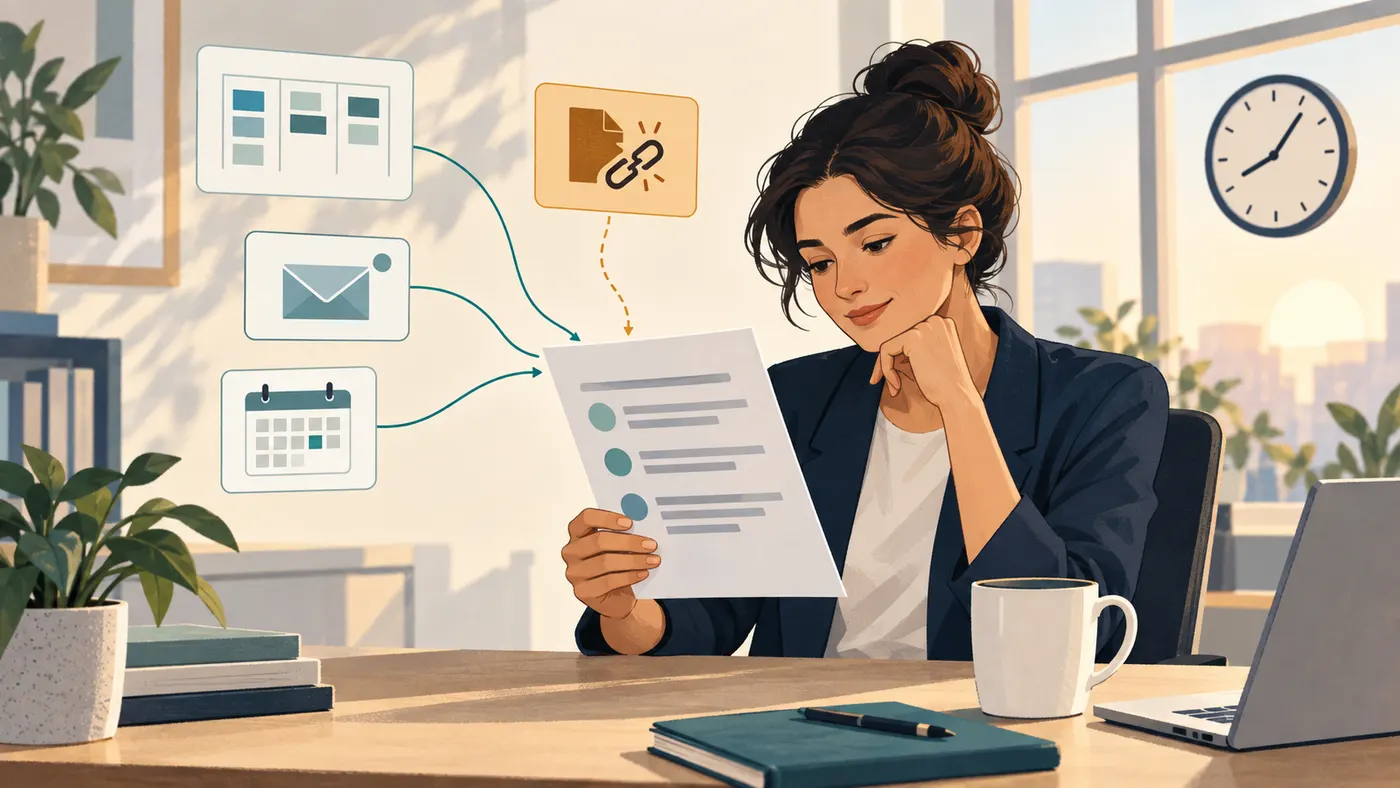An operations lead reviews a short morning brief, with source cards connected to it and one unavailable source marked separately.