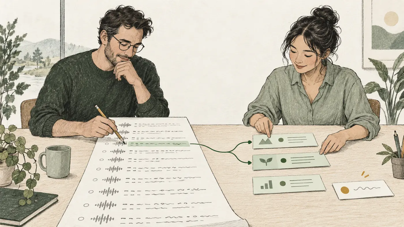 Two colleagues review a meeting transcript beside separate decision and task cards, with an uncertain item held aside.
