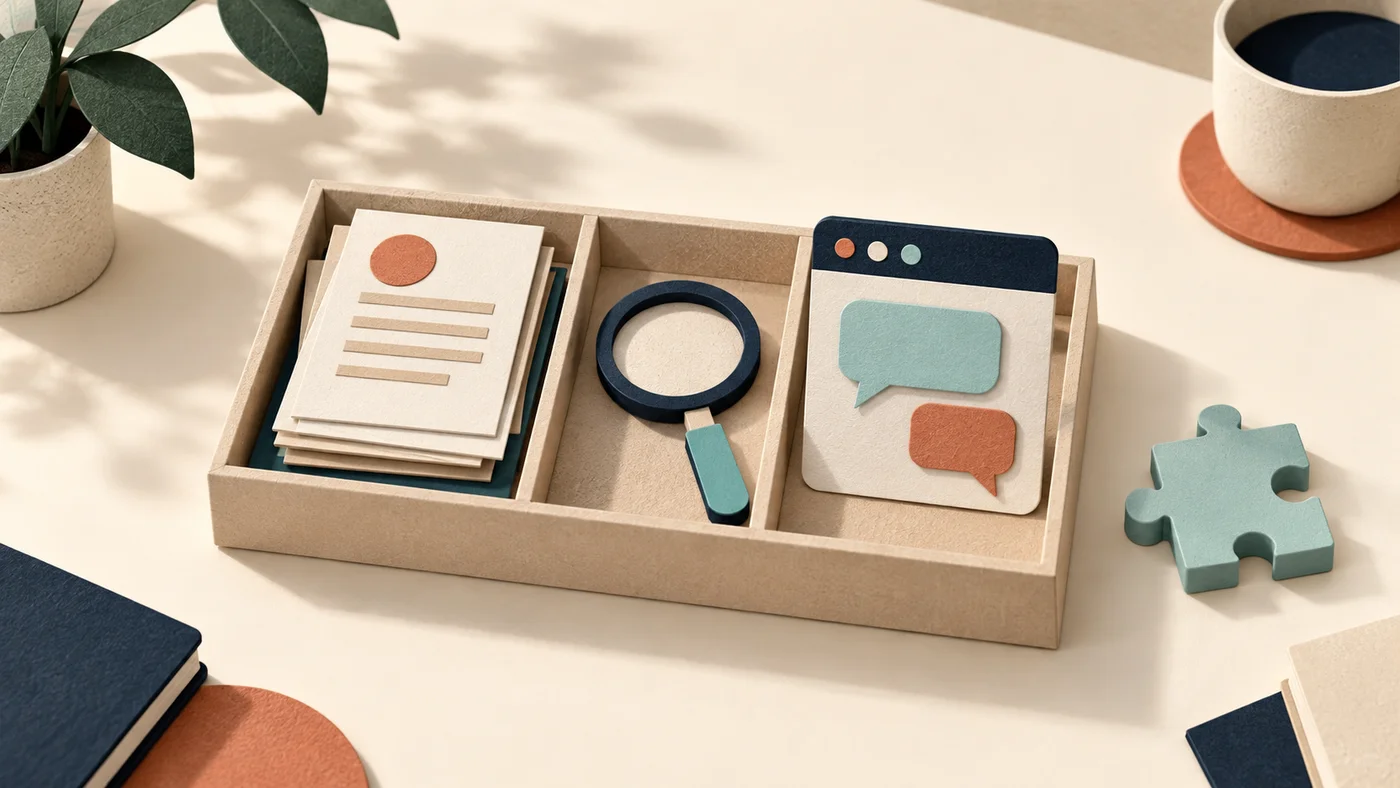 A compact tray holds source documents, a search lens and an assistant window, with one optional connector piece beside it.