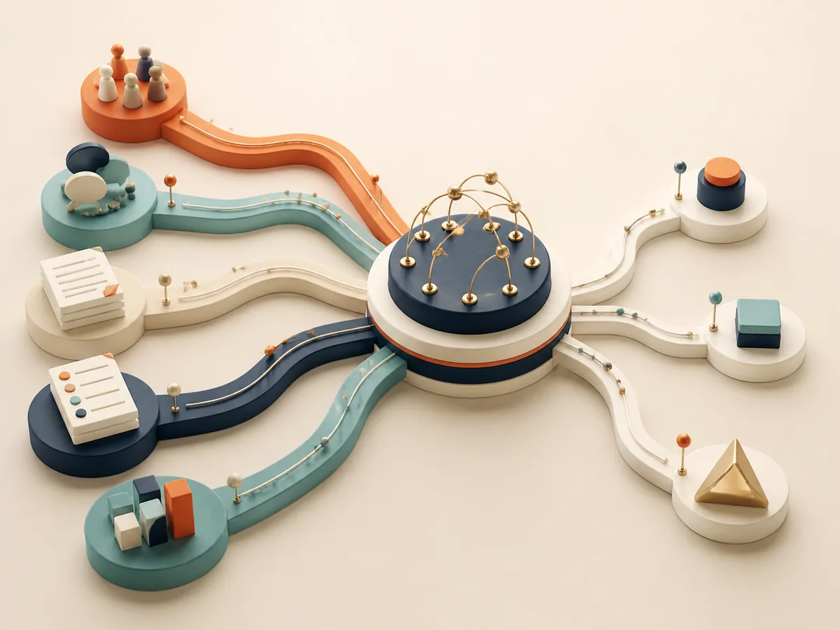 Several streams of company knowledge connecting through one central intelligence layer
