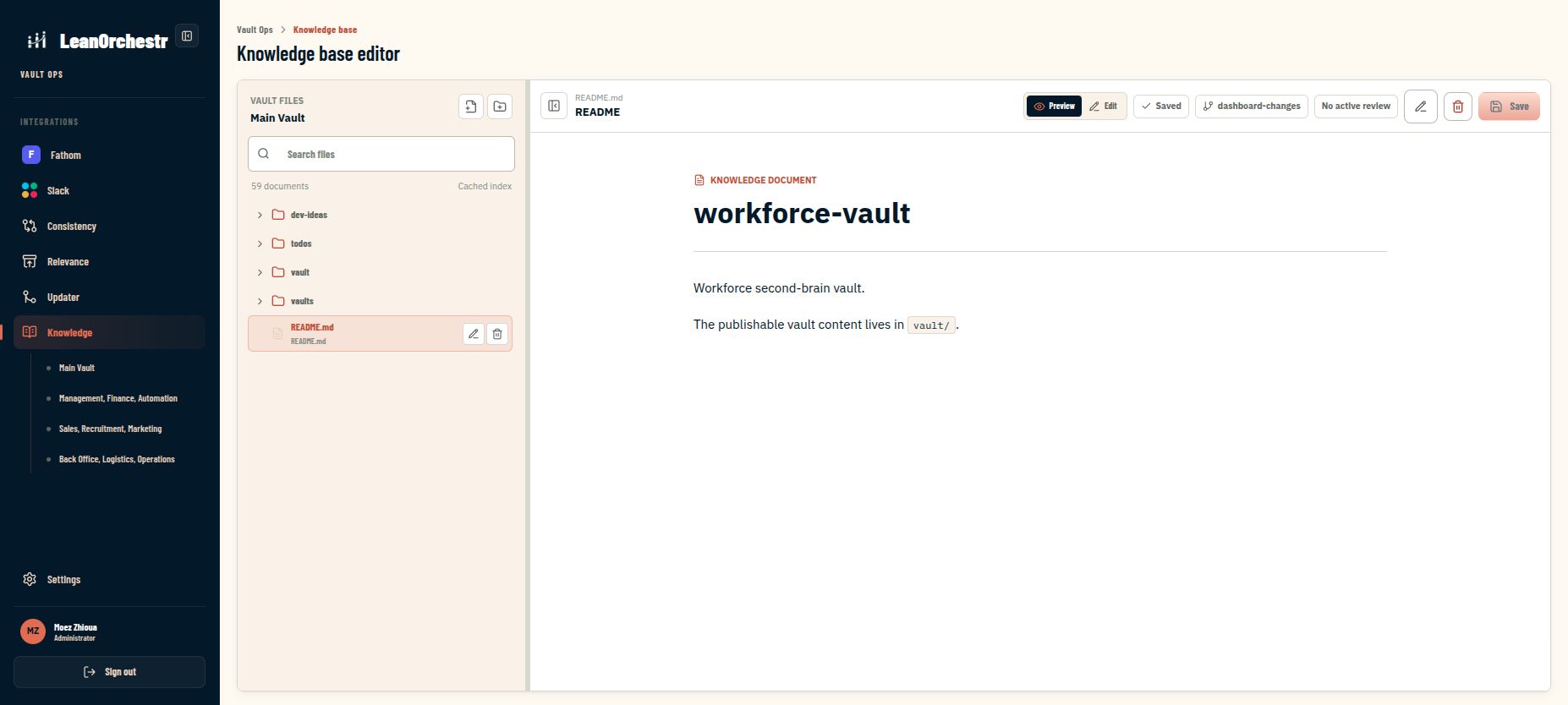 Business Brain knowledge workspace showing company vaults and approved content