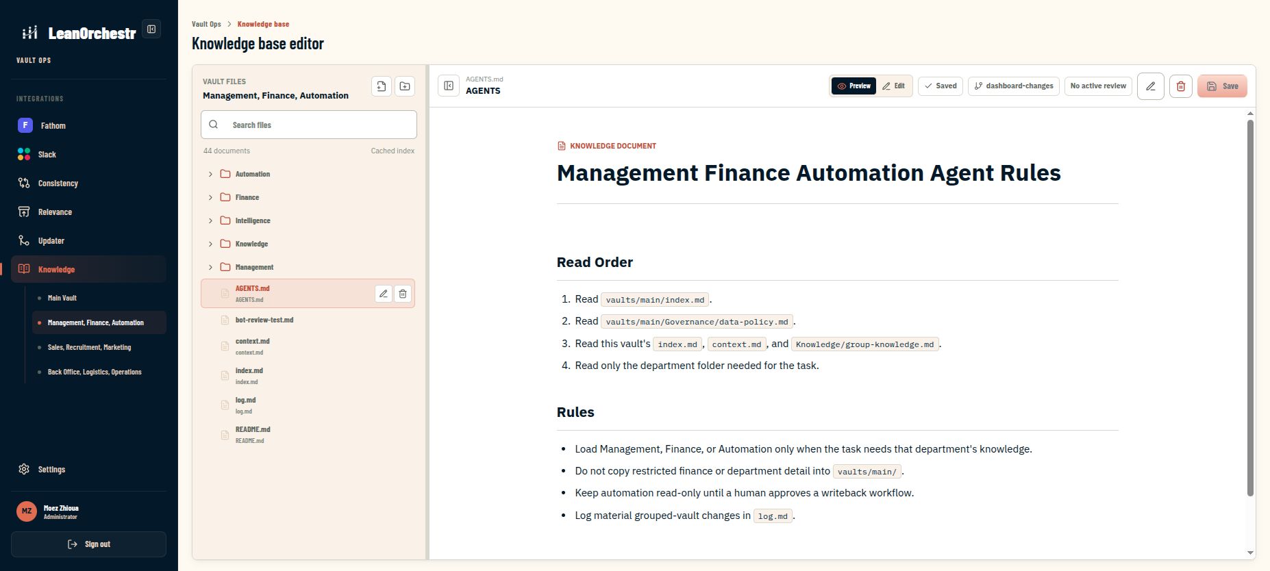 Restricted department knowledge vault in the Business Brain dashboard