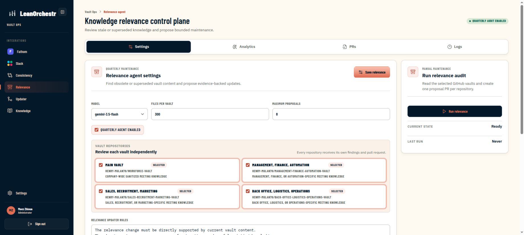 Knowledge relevance maintenance controls in the Business Brain