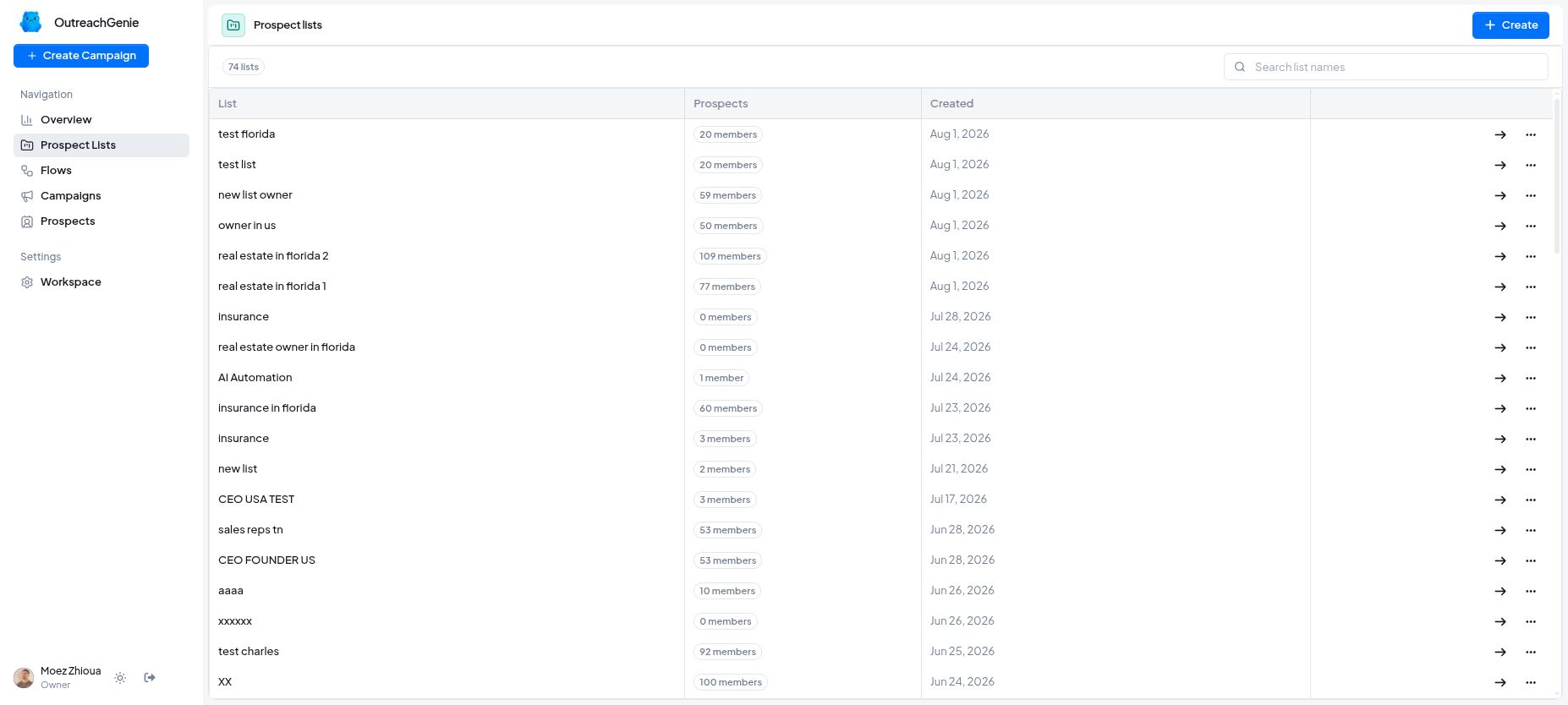 Reusable prospect lists in OutreachGenie