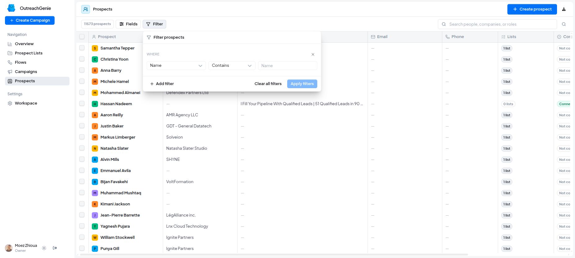 Prospect filtering controls in OutreachGenie