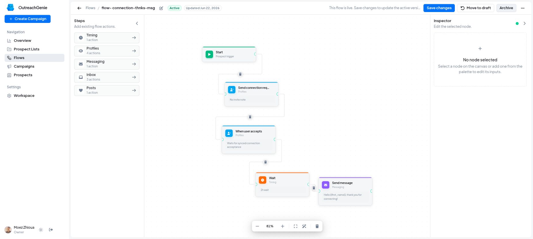 Visual LinkedIn outreach sequence in OutreachGenie