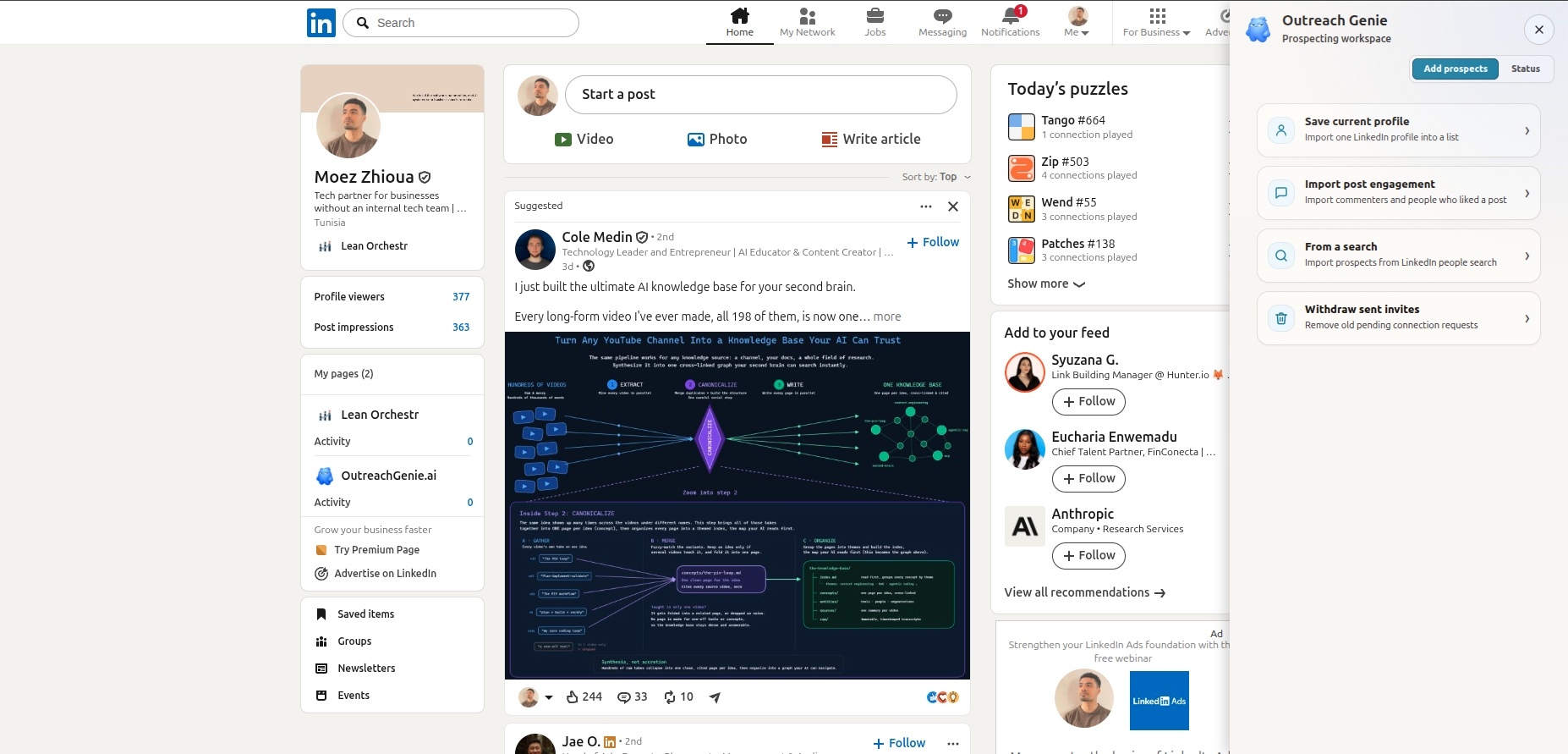 OutreachGenie browser extension open inside LinkedIn