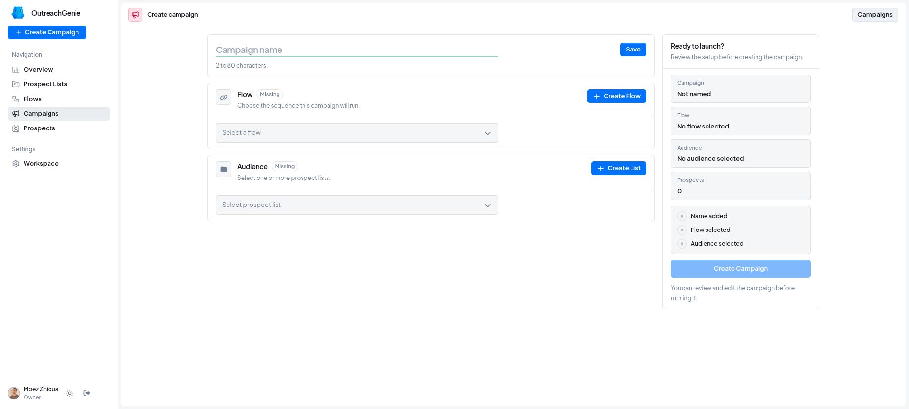 Campaign creation connecting an audience to an outreach flow