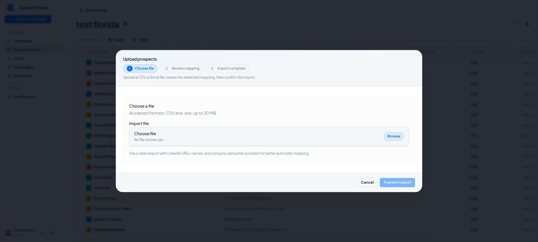 Spreadsheet import mapping and validation in OutreachGenie