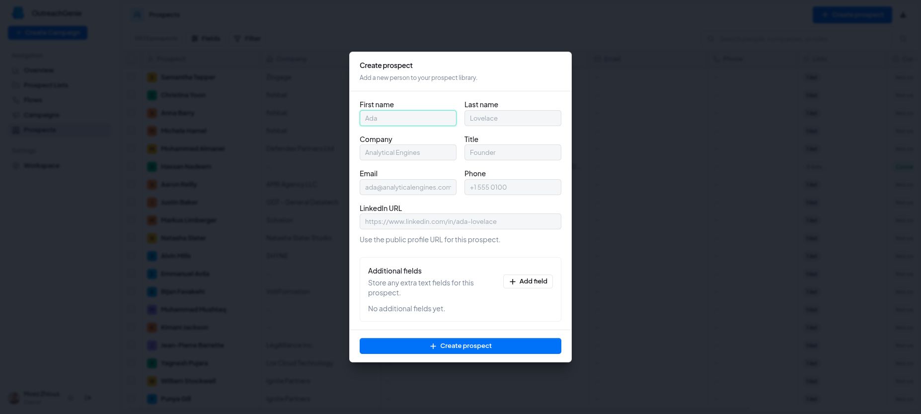 Manual prospect creation form in OutreachGenie