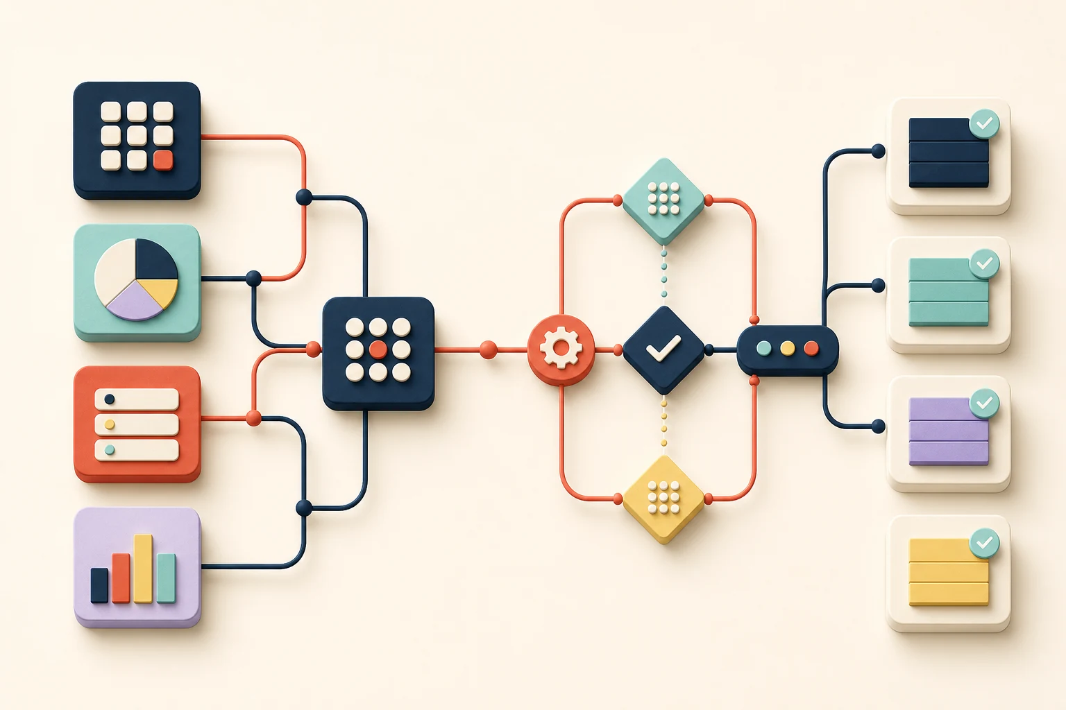 A business process automation workflow connecting applications, decisions, approvals, and reporting