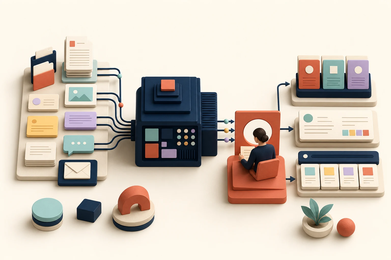 Business documents and approved knowledge moving through an AI workflow with human review